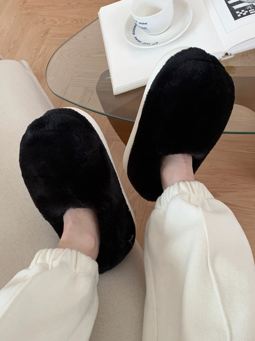 Minimalist Men's And Women's Home Slippers Indoor Household Warmth And Anti Slip Postpartum Shoes Winter Couple Plush Slipper