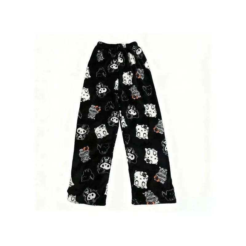 Black Hello Kitty Halloween Pajama Pants Women Gothic Mummy Witch Print Fleece Warm Sleepwear Home Leisure Daily Fashion