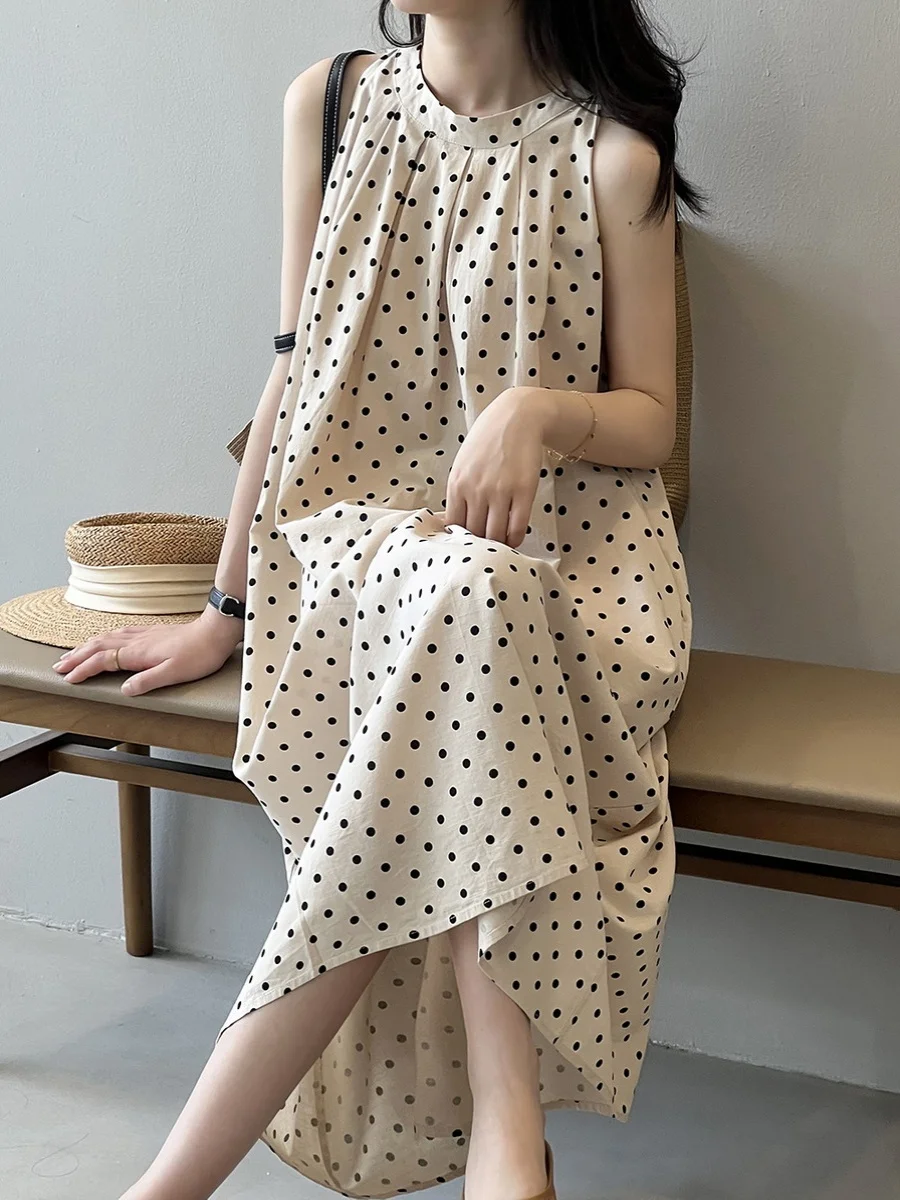 

Women French Fashion Casual Loose Cotton Linen Dot Dress Female Oversize Sleeveless Halter Breathable Long A Line Robe N24