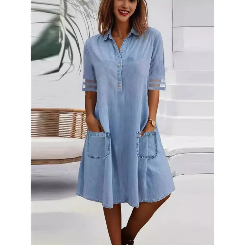 2025 Damen-Kleid mit hoher Taille, einfarbig, Mini-Denim, kurzärmelig, Knopfhalsausschnitt