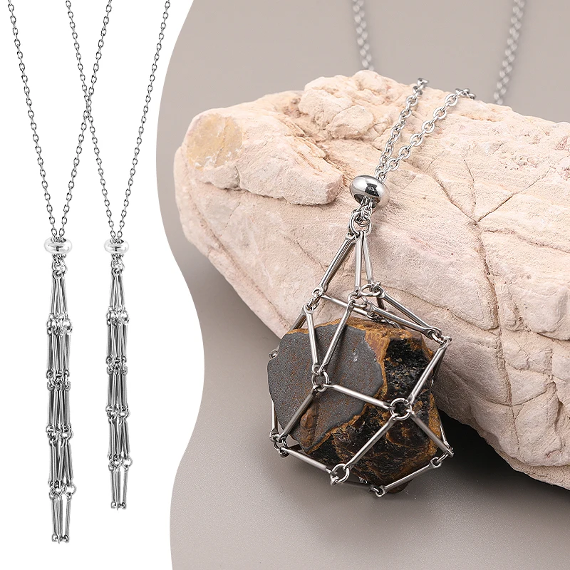 

Crystal Cage Necklace Empty Stone Holder Rope Stainless Steel Chain Adjustable Pendant Net Bag Natural Gem Jewelry Accessory