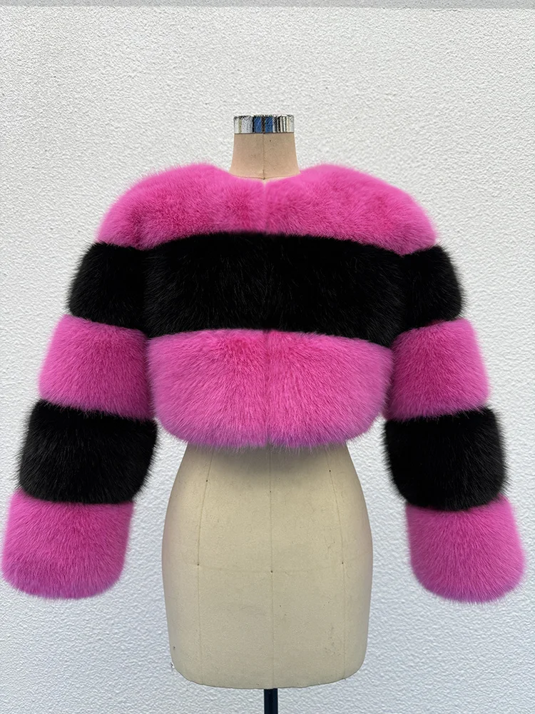

European American Fashion Gorgeous Faux Fur Short Topcoat Red Black Color Blocked Striped Fluffy Soft Smooth Party Date Jacket