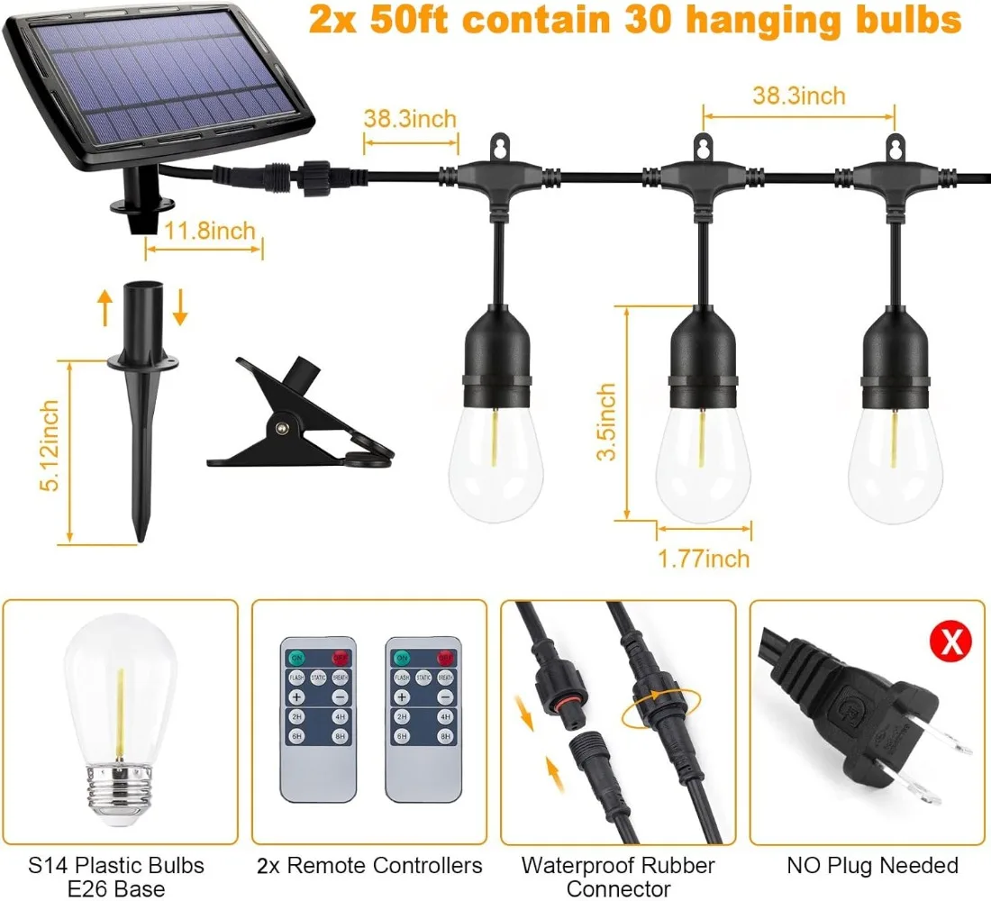 Solar String Lights Remote Control 100FT Dimmable Outdoor String Lights 32 Shatterproof Solar Patio Lights Ambience