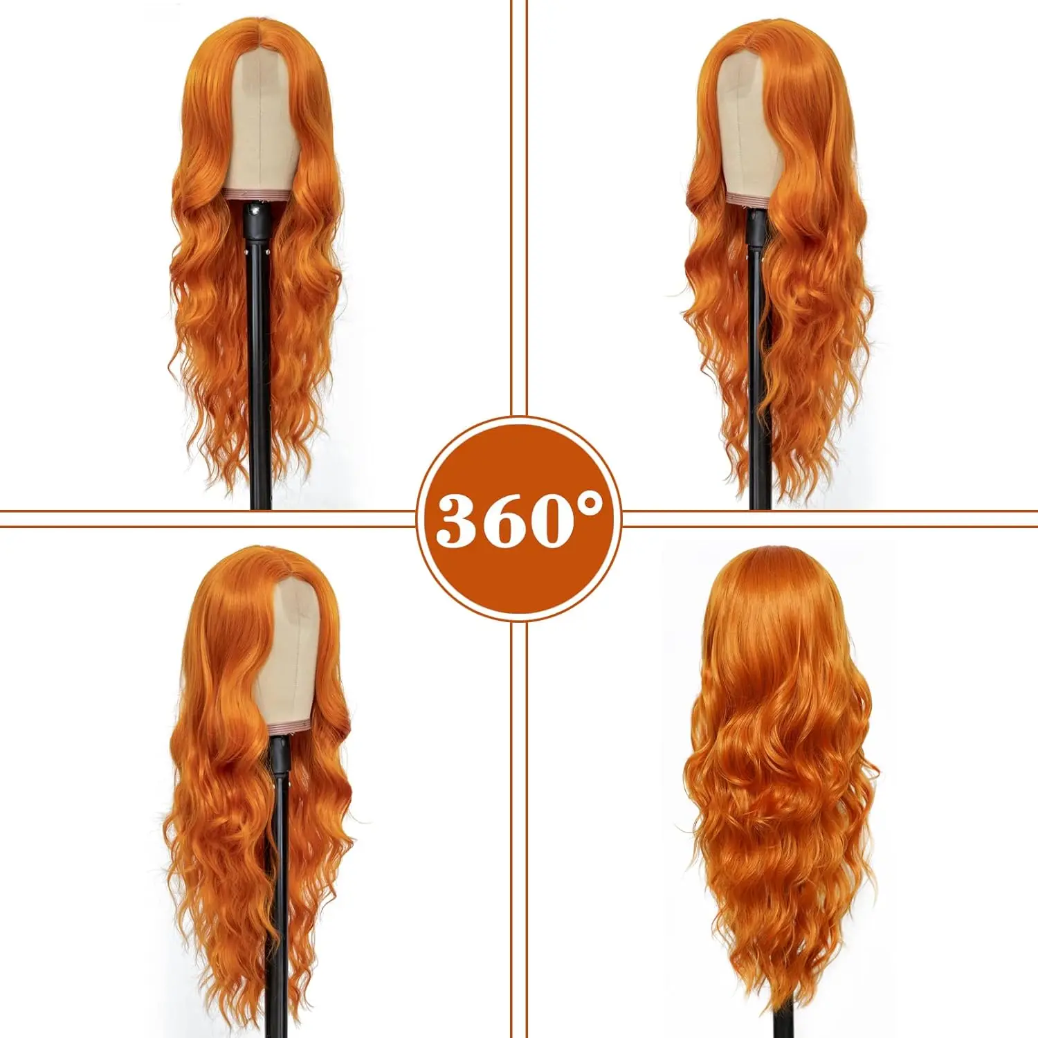 Tereshar Long Ginger Orange Wavy Synthetic Wig for Women Middle Part Curly Wavy Wig Heat Resistant Fiber Wig for Daily Party Use