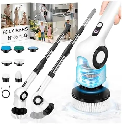 

Electric Spin Scrubber – Cordless Power Cleaner with 7 Brushes, 3 Speeds, Adjustable Handle, IPX7 Waterproof – White
