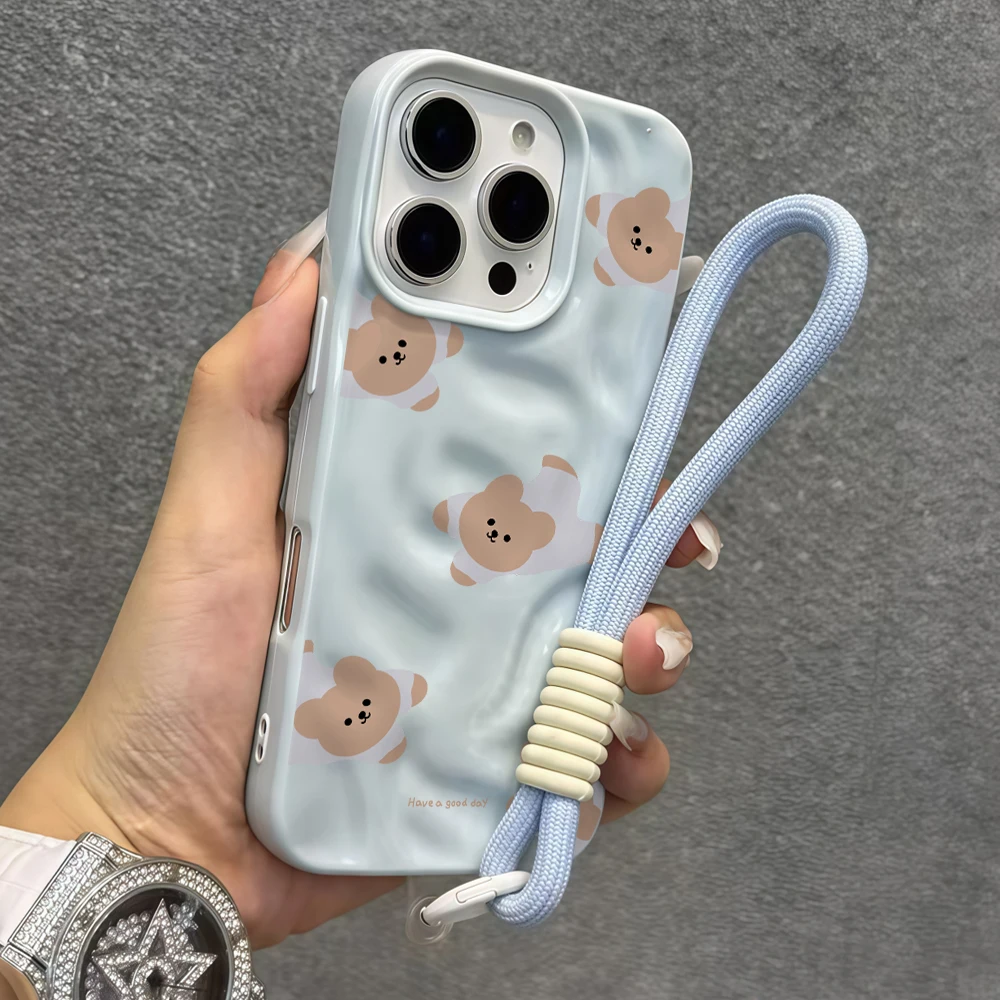 Modisches Bärenmuster Falten-Silikon-Handyhülle für iPhone 17 15 13 11 12 14 16 17 Pro Max 14 Plus Air mit Lanyard Niedliche Hülle – Detail 5