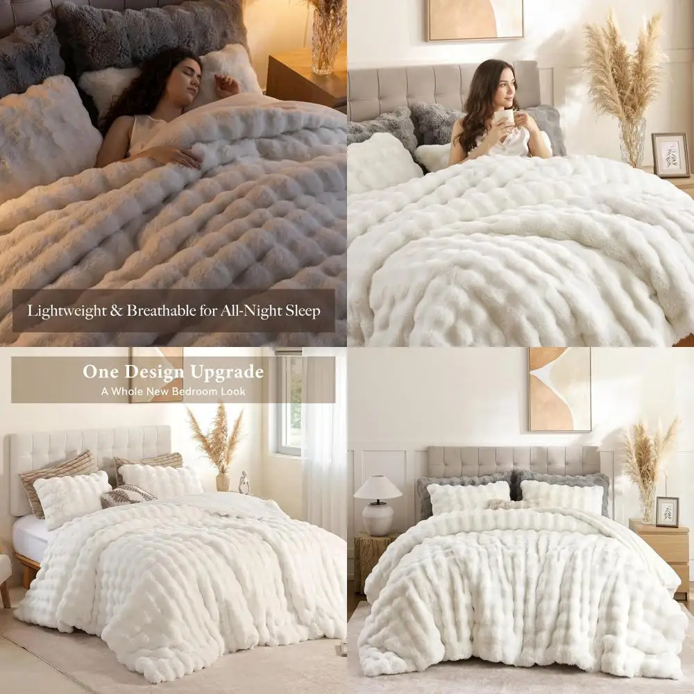 

Queen Size Plush Faux Fur Comforter Set - Ultra Soft White Flannel Backed Bedding, Warm & Lightweight