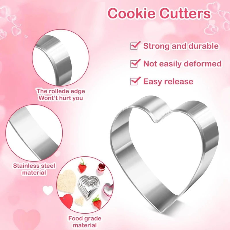 15 Pieces Heart Cookie Cutter Set Kit 9 Sizes Heart Shaped Cookie Cutter, Stainless Steel Valentine Cookie Cutter Set