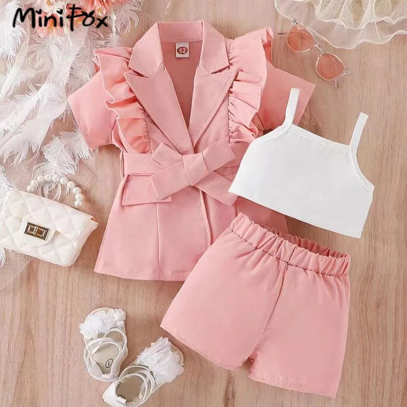 MiniFox Girl's Blazer Sets Pink Ruffles Lapel Blazer Coat+Crop Top+Shorts 3pcs Kids Clothes Girls Elegant Suit For Children