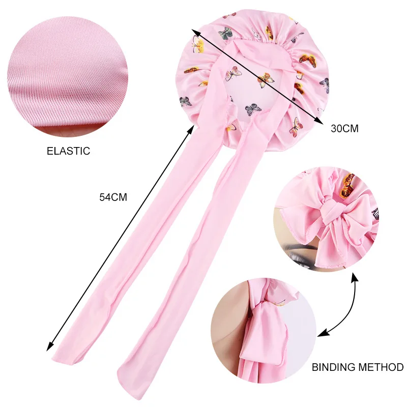 Women Satin print Bonnet with Stretchy Tied Elastic Wide Band Night Sleep Hat Chemo Caps Head Wrap Hair Care Adjustable Straps