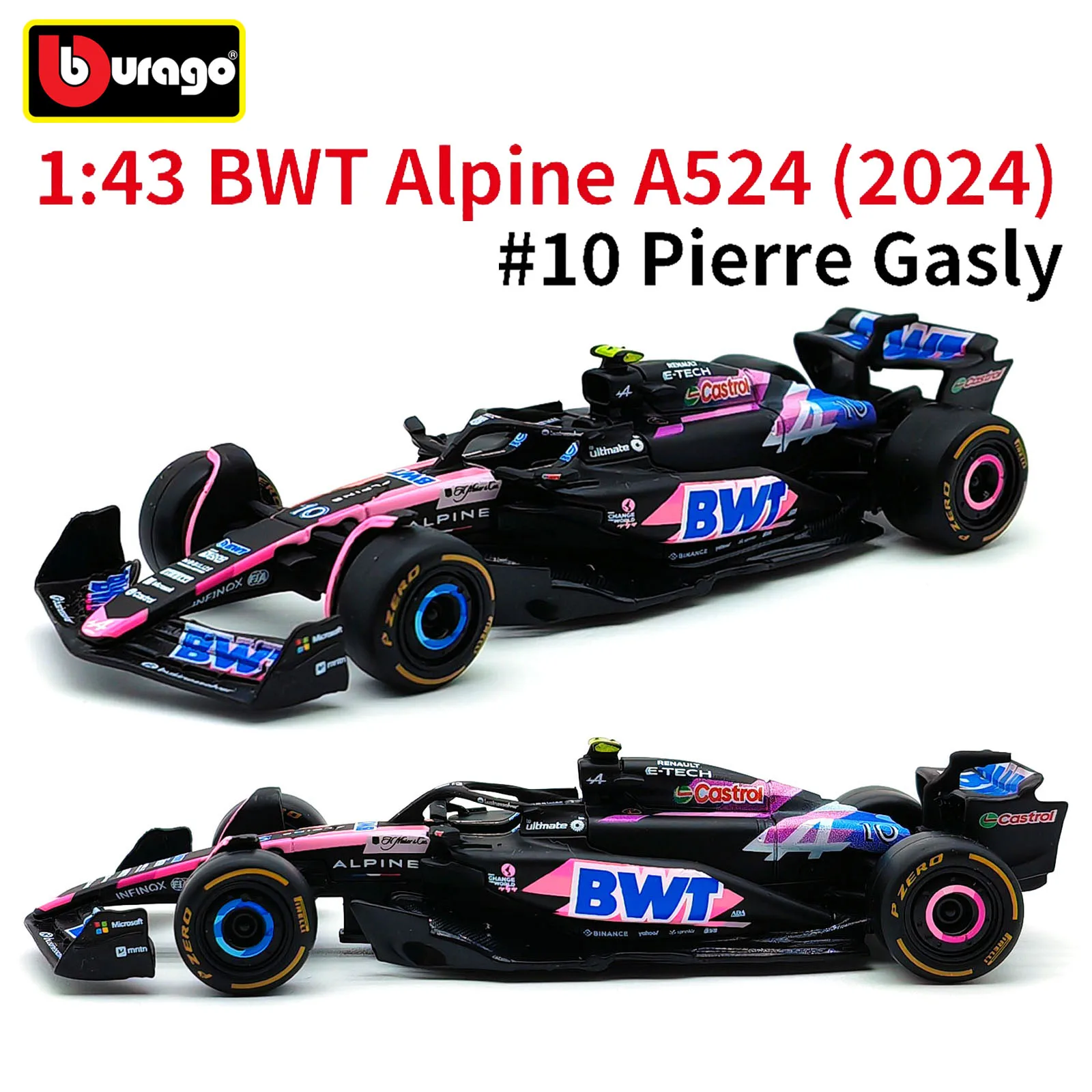 Bburago 1:43 BWT Alpine 2024 A524 F1 mobil Formula Die Cast kendaraan koleksi Model mainan balap kotak akrilik