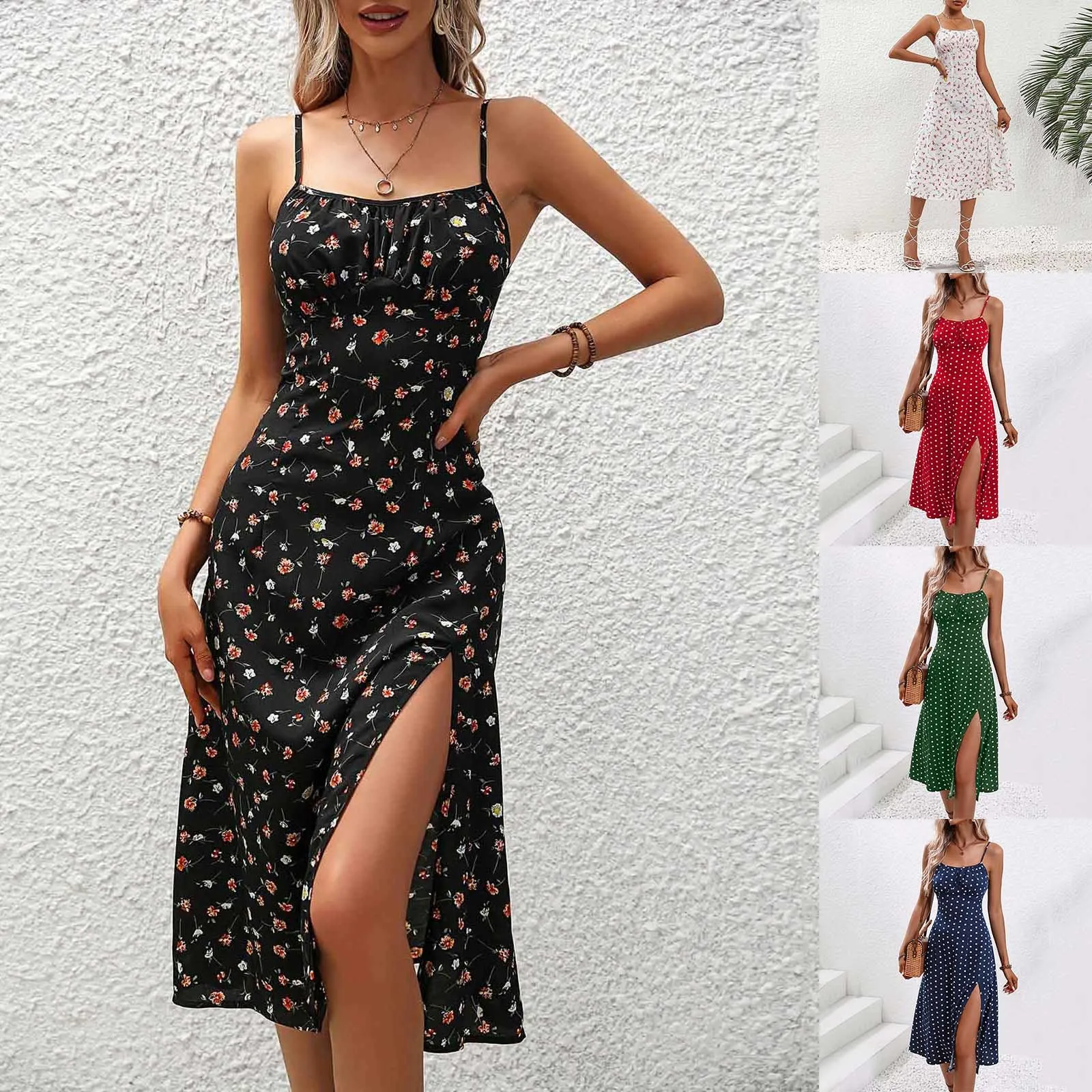 

Ladies Sexy Polka Dot Floral Printing Side Split Dress Sleeveless Suspender Lace Slim Fitting High Waist Casual Dresses