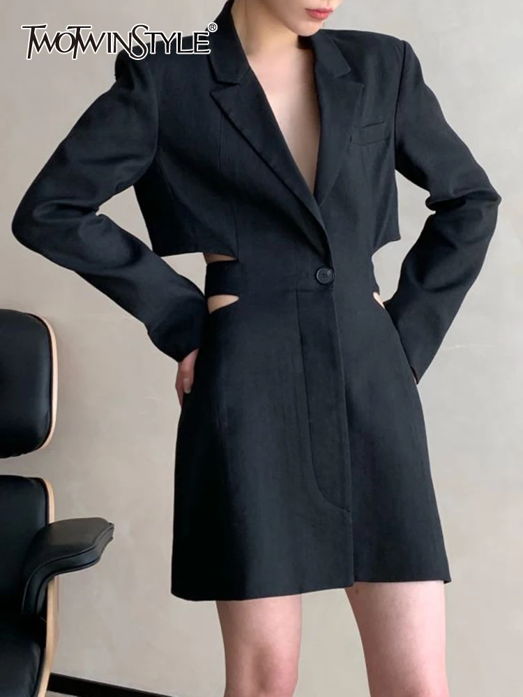 TWOTWINSTYLE Cut Out Blazer For Women Notched Collar Long Sleeve High Waist Solid Minimalist Blazers Female Spring Fashion 2022