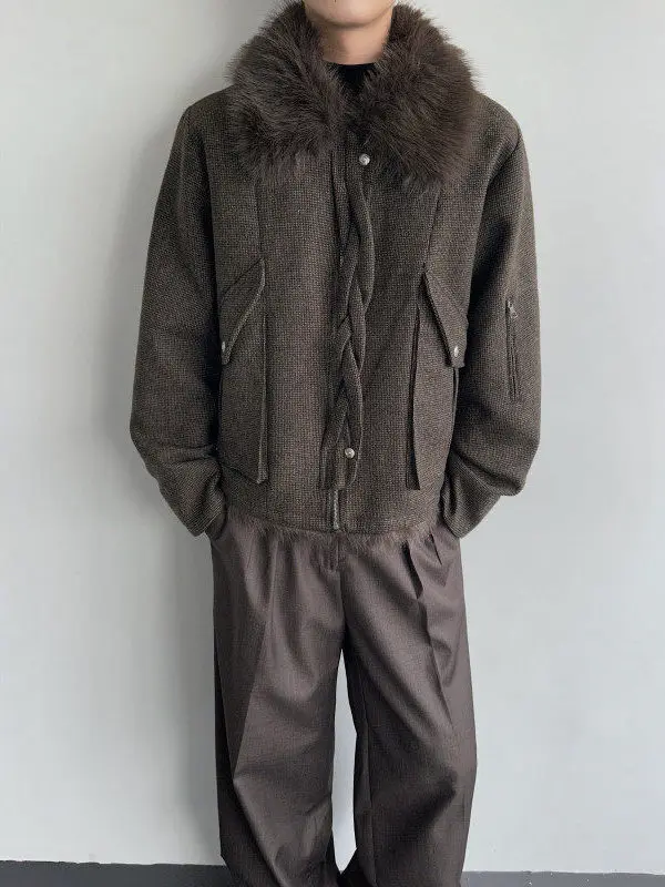 

Мужское шерстяное пальто Thiened в клетку с меховым воротником, винтажное, в стиле «rich boy», молодежное, модное, теплое, осенне-зимнее