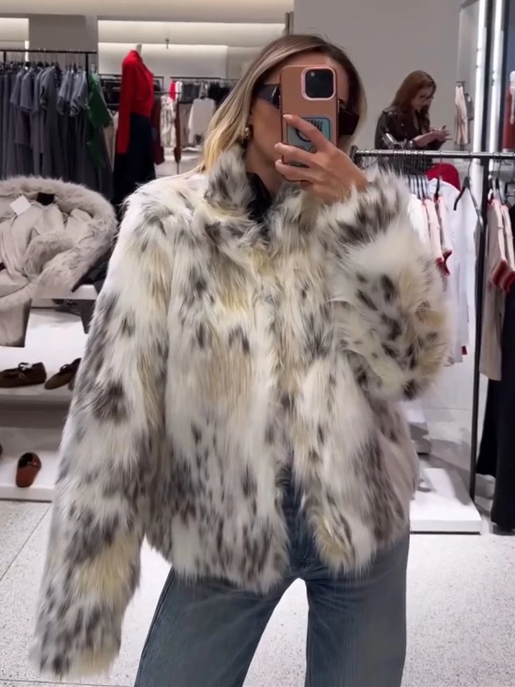 HH Women Winter Warm Coat Fashion Faux Fur Effect Jacket High Collar Long Sleeves Print Outwear Woman Street Style Casual Jacket