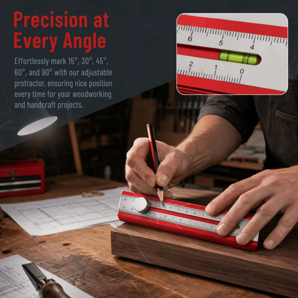 Adjustable Positioning Marking Protractor Knob Depth Measuring Horizontal Bubble Depth Measuring Ruler 90°-180° Angle Mark