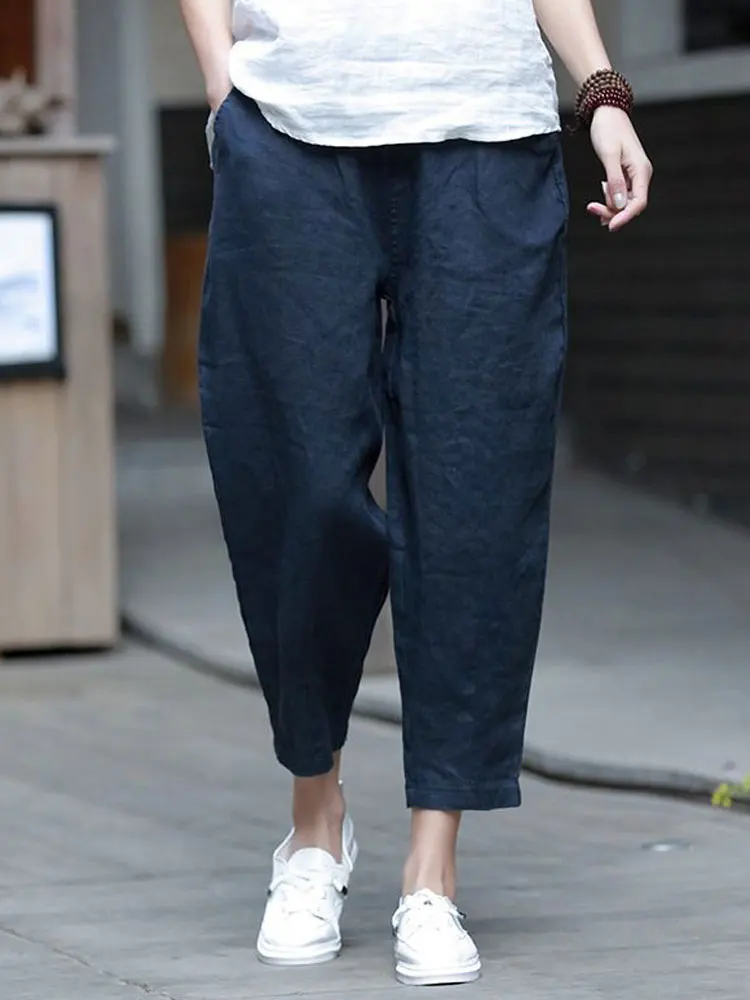 Slim Fit Harem Pants Women's Summer Thin Linen Artistic Loose Slimming Cotton-Linen Nine-Piece Pants Natural Waist Design