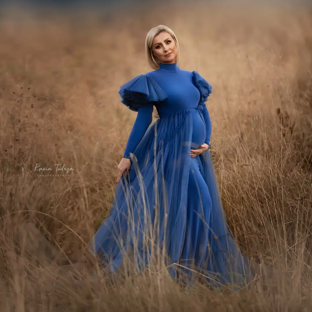 Blue Long Sleeve Maternity Photoshoot Dress with Detachable Train Women Elegant Prom Gown for Baby Shower