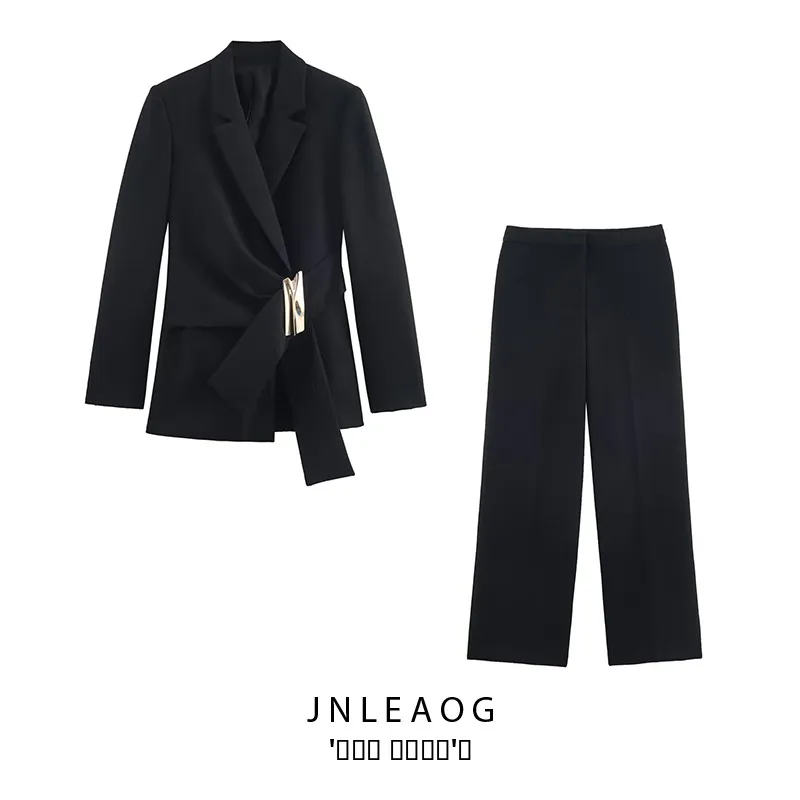 

Модный костюм с прямыми штанинами и высокой талией, комплект из джерси и брюк, женское осеннее новое пальто на заказ с синим декором...