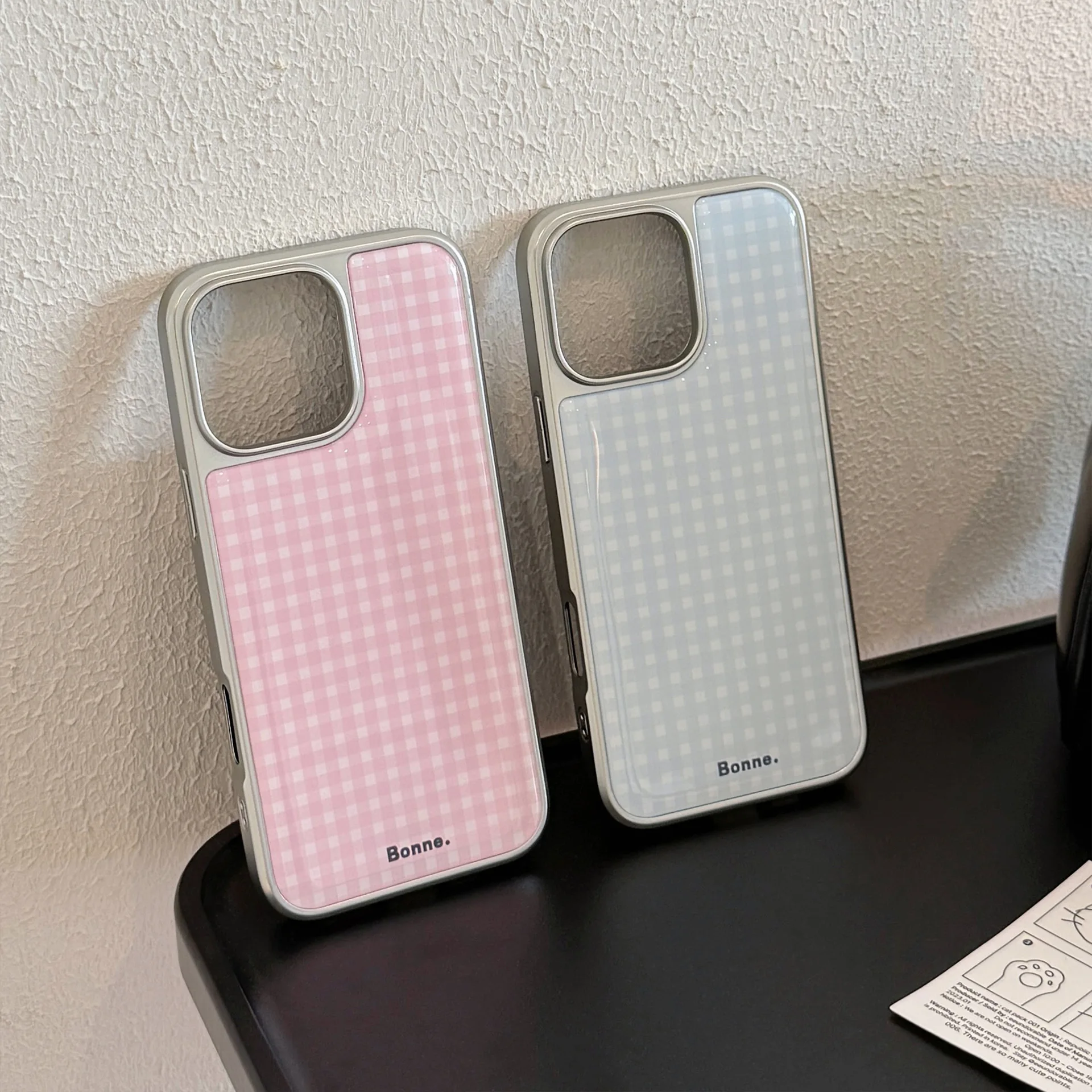 Korean Pink Blue Plaid Drop Glue Silver Edge Plating Phone Case for iPhone 17 Air 16 15 14 13 12 Pro Max Shockproof Hard Cover