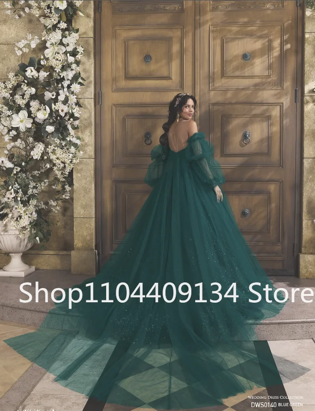 Vestidos de fiesta de princesa Aladino de color verde esmeralda brillante con hombros descubiertos, manga larga, vestido de noche de celebridad Gillter Fiarytal personalizado