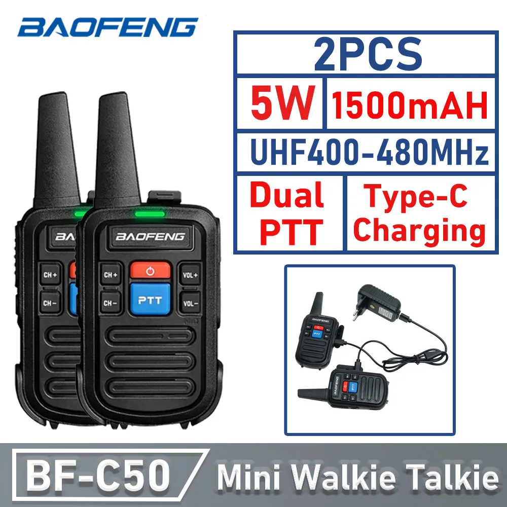 

BF-C50 Mini Walkie Talkie UHF 5W Ham radio Dual PTT 16 Channels USB-C Charger Two Way Radio Baofeng Walkie Talkie