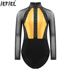 Kids Girls Figure Skating Dance Performance Costume Long Sleeve Shiny Rhinestone Ballet Rhythmic Gymnastics Acrobatics Jumpsuit