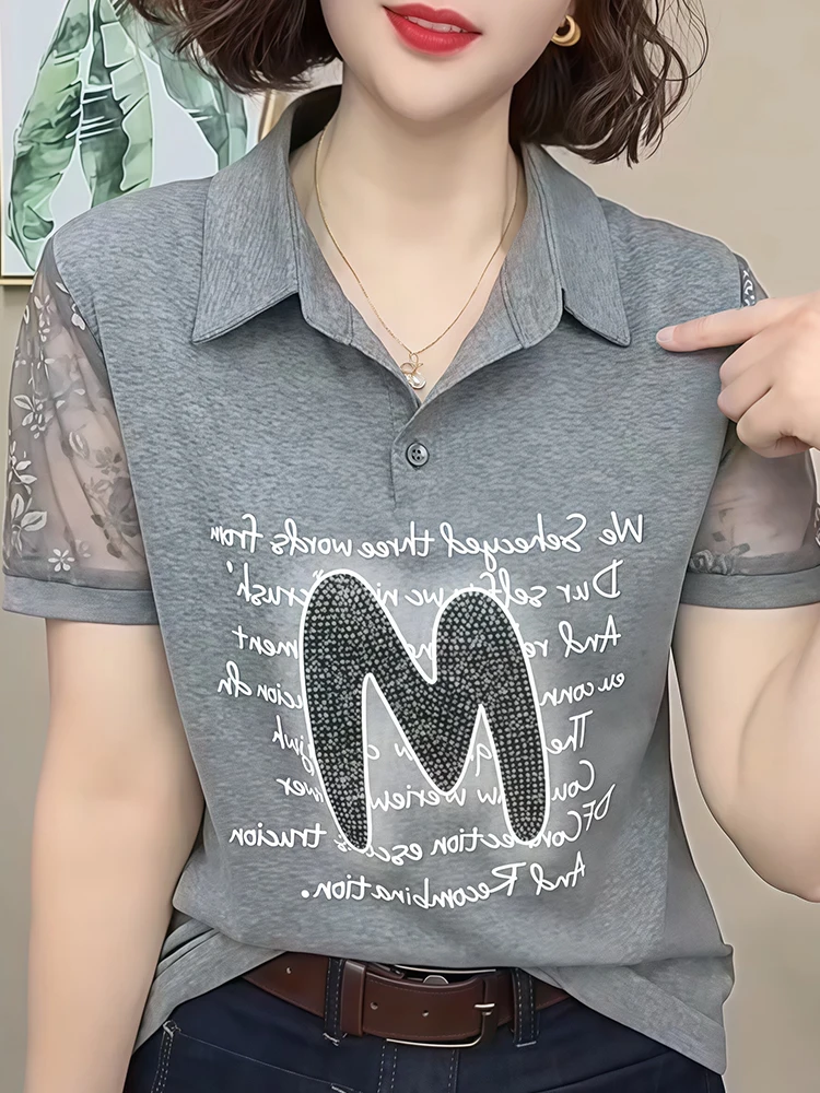 2025年夏新作 レディース カジュアル ポロカラー 半袖Tシャツ 超可愛い 若見え レタープリント トップス