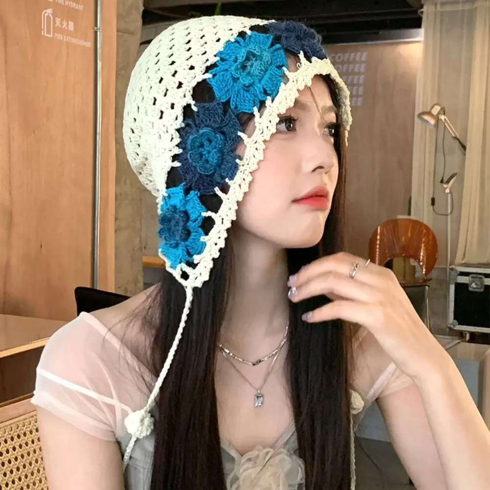 Breathable Hollowed Out Knitted Hat Flowers Lace Beret Cap Summer Fashion Skullies Hat for Women