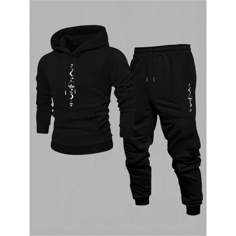 Men's Autumn Winter Hooded Sweatshirt Set Casual Sportswear Trendy American High Street Printed Jacket And Pants Full Set
