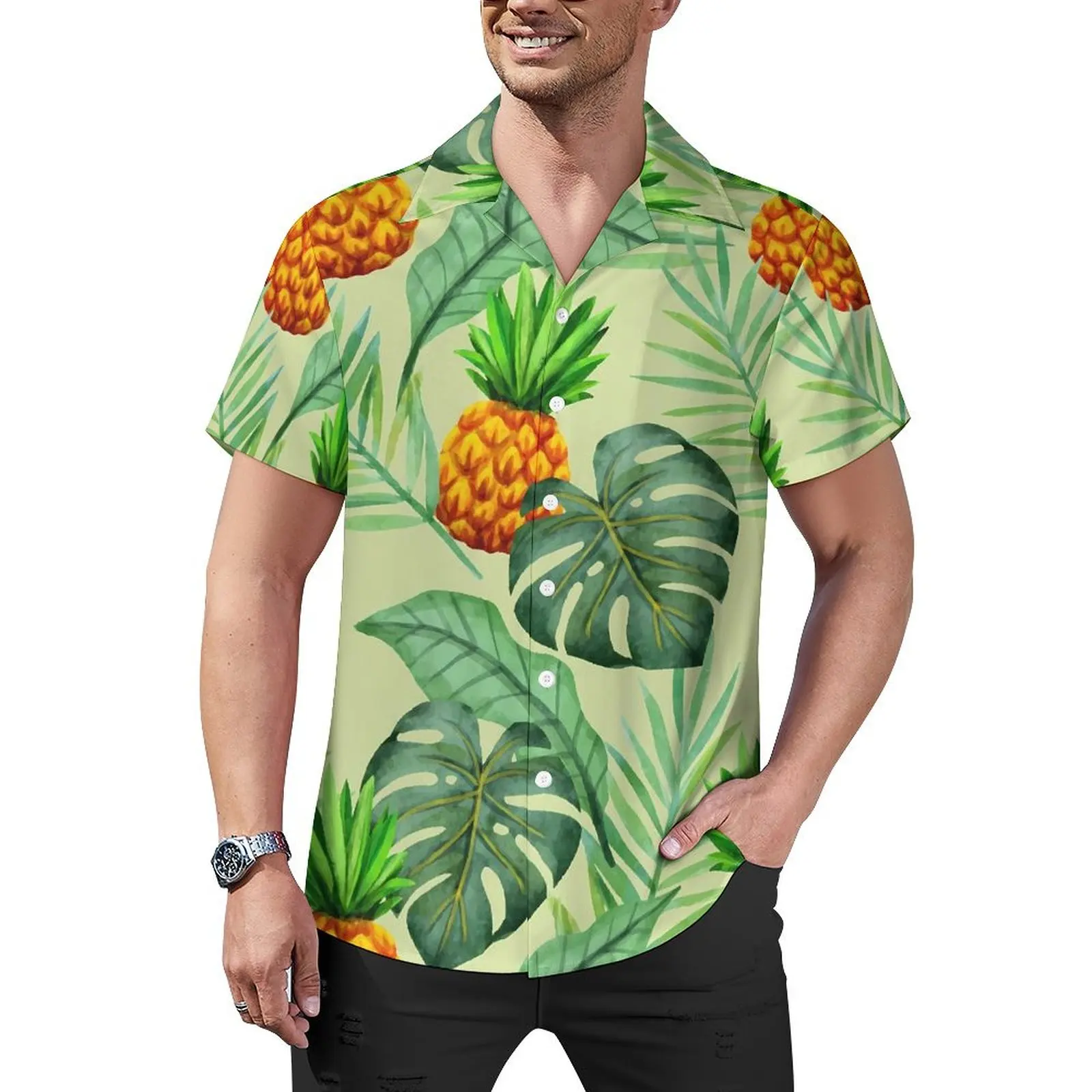 

Green Palm Leaf Vacation Shirt Men Tropical Fruit Elegant Casual Shirts Summer Short Sleeve Fashion Plus Size 4XL Blouses Gift