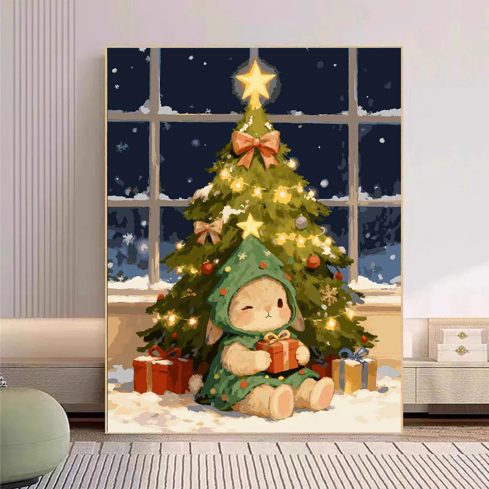 Christmas Bunny Tree Fireplace Oil Painting By Numbers Modern Wall Decor for Living Room Bedroom Perfect Gift No Frame