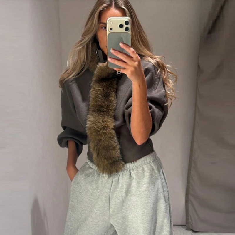 Women Cropped Zip Up Sweatshirt Jacket Detachable Fluffy Faux Fur Collar Puff Long Sleeve Soft Fleece Casual Street Outerwear