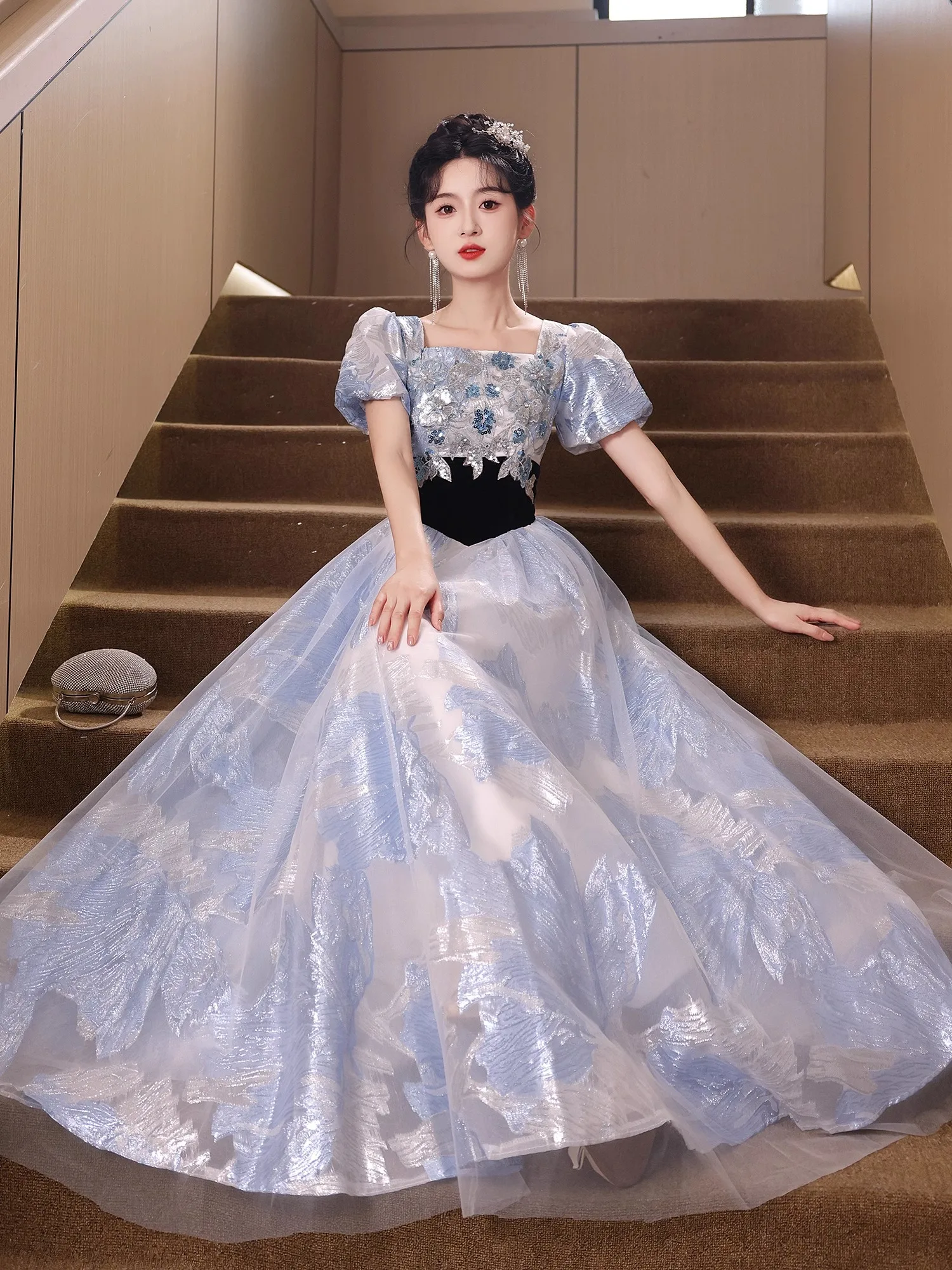 

Women Sequin Blue Prom Dress Appliques Square Collar Short Sleeve Formal Banquet Gown Lady Slim A-Line Long Vestidos