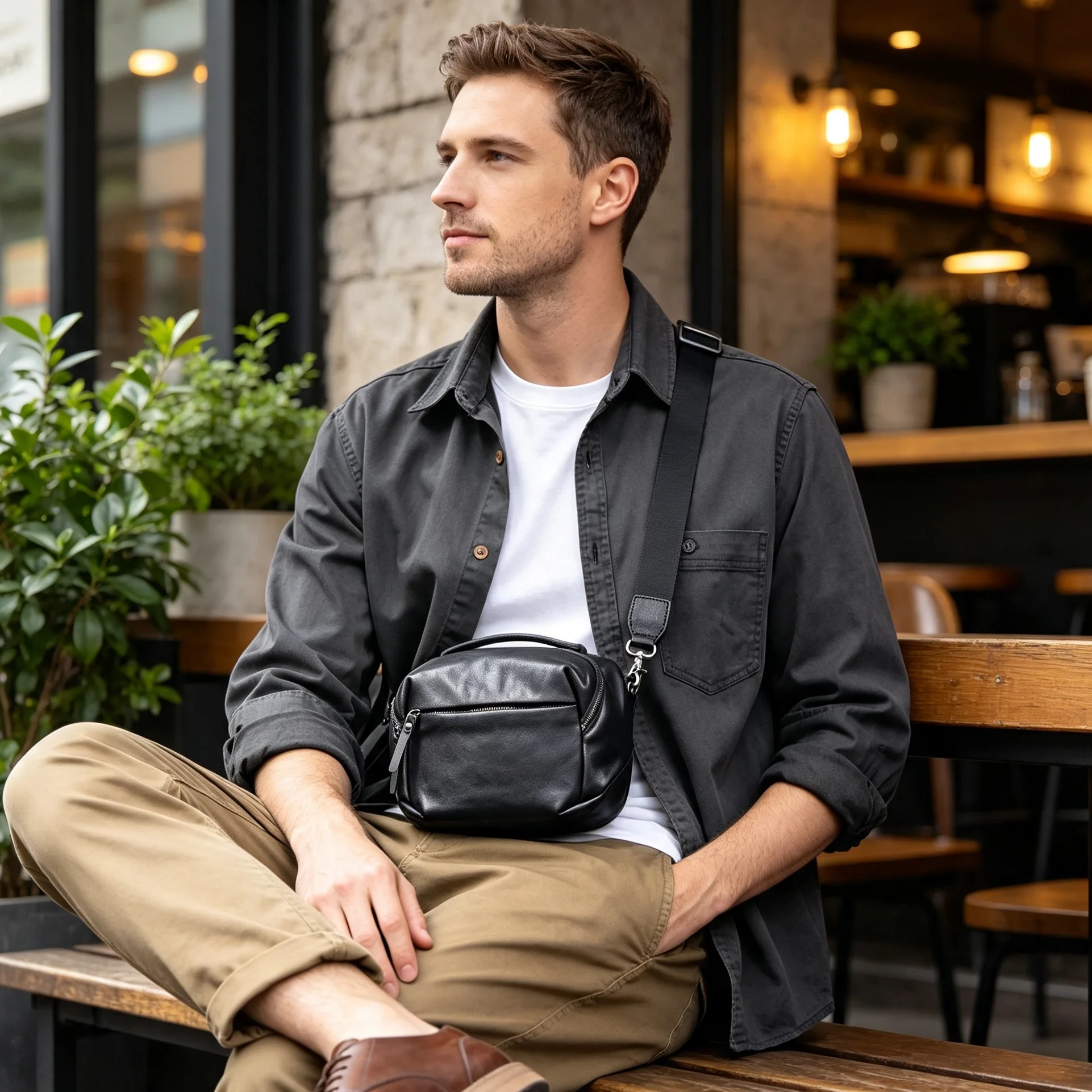 Echte Leder-Umhängetasche für Herren, Casual, Vielseitig, Kameratasche, Oberleder, Modischer Stil – Detail 4