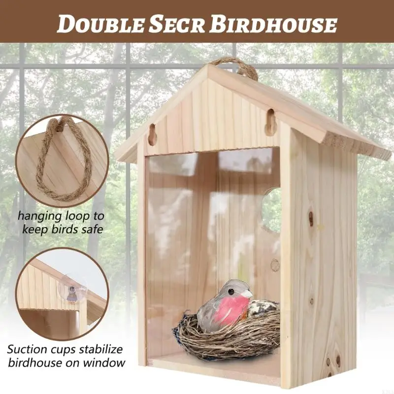 K3ka Window Bird House Nido madera Media con fuertes tazas succión para pájaros azules