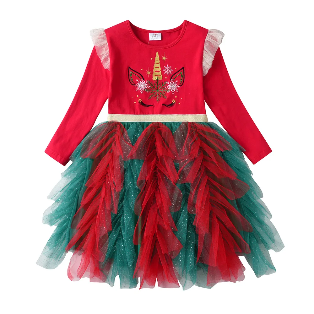 VIKITA Kids Christmas New Year Holiday Dress Gift Kids Snowflakes Unicorn Red Green Glittery Sparkly Layered Tulle Tutu Dresses