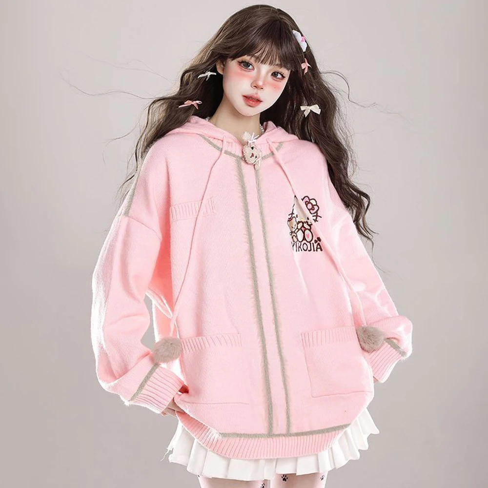 Bluza z kapturem Hello Kitty, sweter, bluza dresowa, Sanrio, damska, kawaii, anime, jesień, zima, haft, słodka, luźna góra