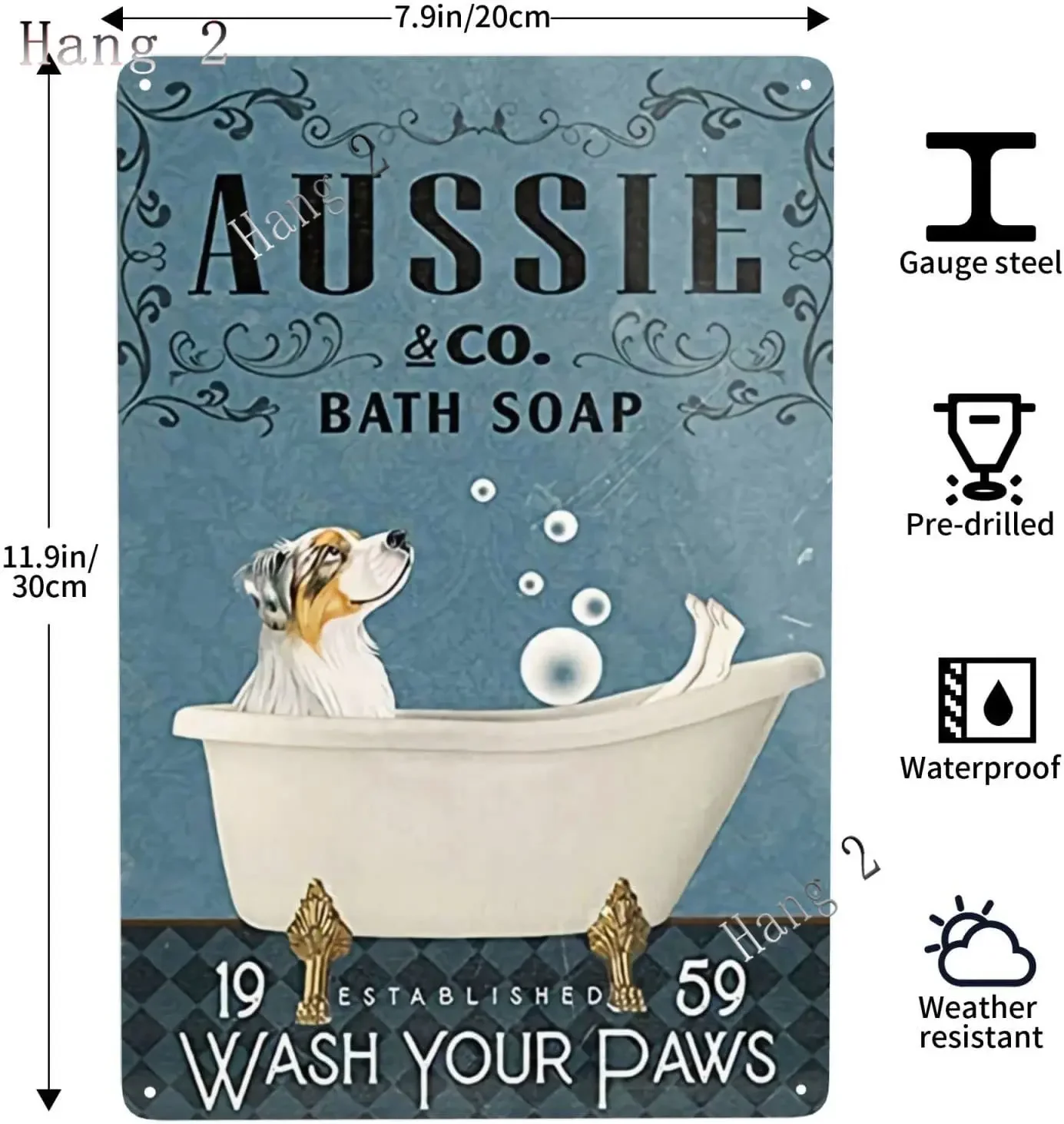 Aussie Metal Tin Sign Wall Decor Australian Shepherd Dog Bath Soap Poster Hanging Plaque Aluminum Signage Posters 8x12 Inch