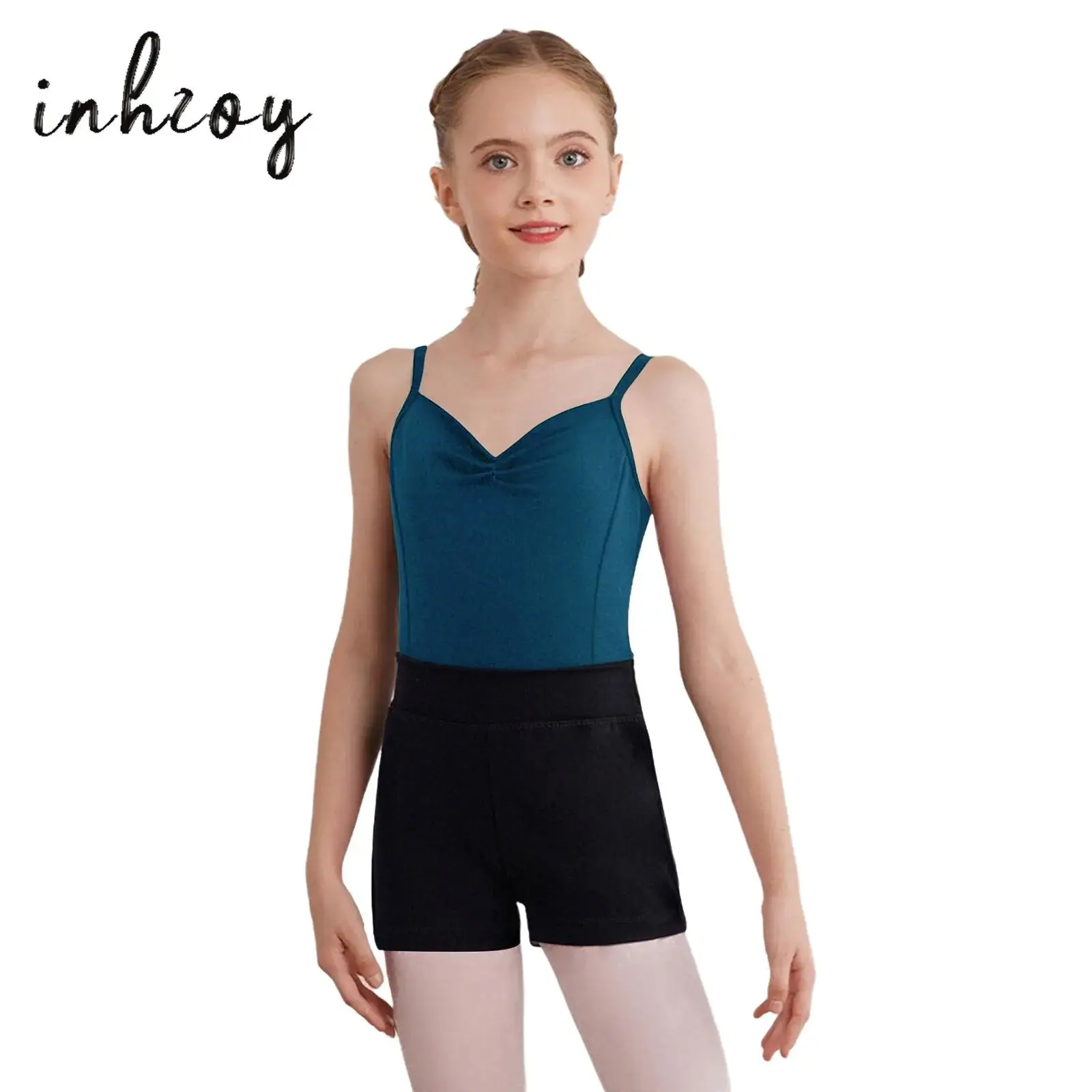 Kids Girls Gymnastics Ballet Dance Leotard Outfit Sleeveless Backless Adjustable Spaghetti Straps Ruched Leotard with Shorts