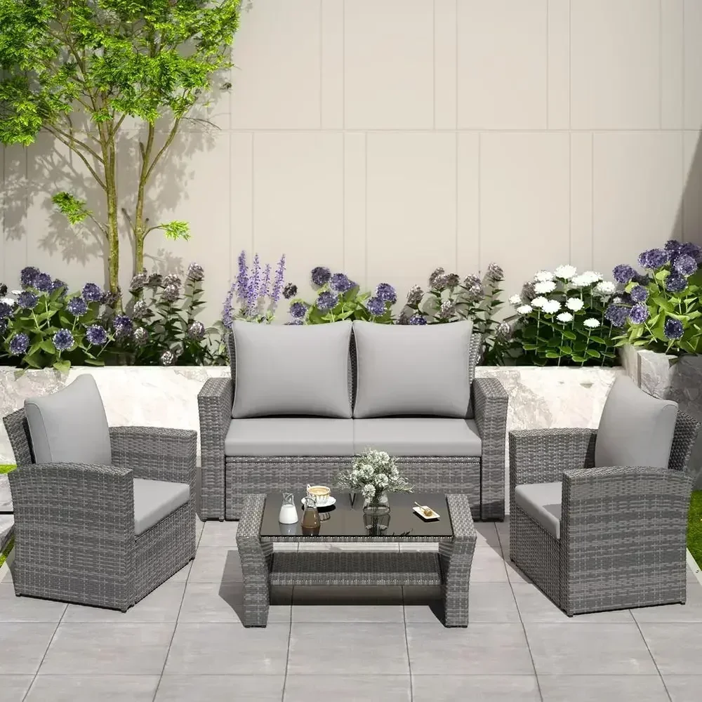 Gray Outdoor Patio Sectional Sofa Set with Tempered Glass Coffee Table and Cushions
