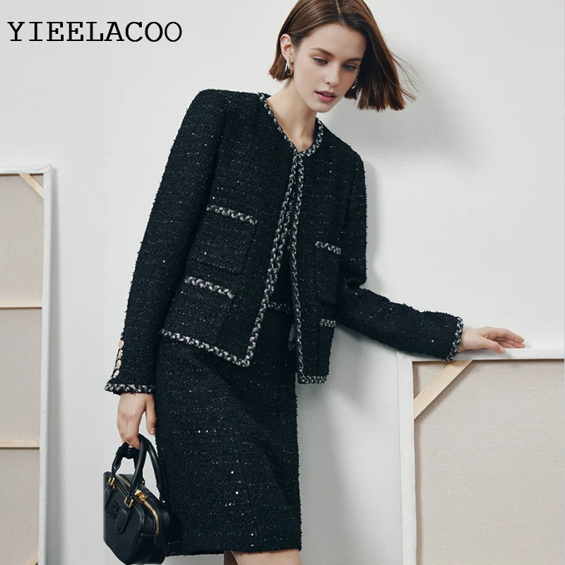 

Black Women's Set Classic Professional New Spring / Autumn Ladies Tweed Jacket + Skirt Suit fashion 2-Piece Set