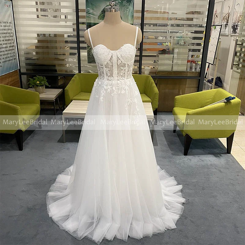 A-linie Tüll Brautkleid mit Exposed Boning 2023 Schatz Neck Spaghetti-trägern Spitze Appliques Strand Hochzeit Kleid für Frauen