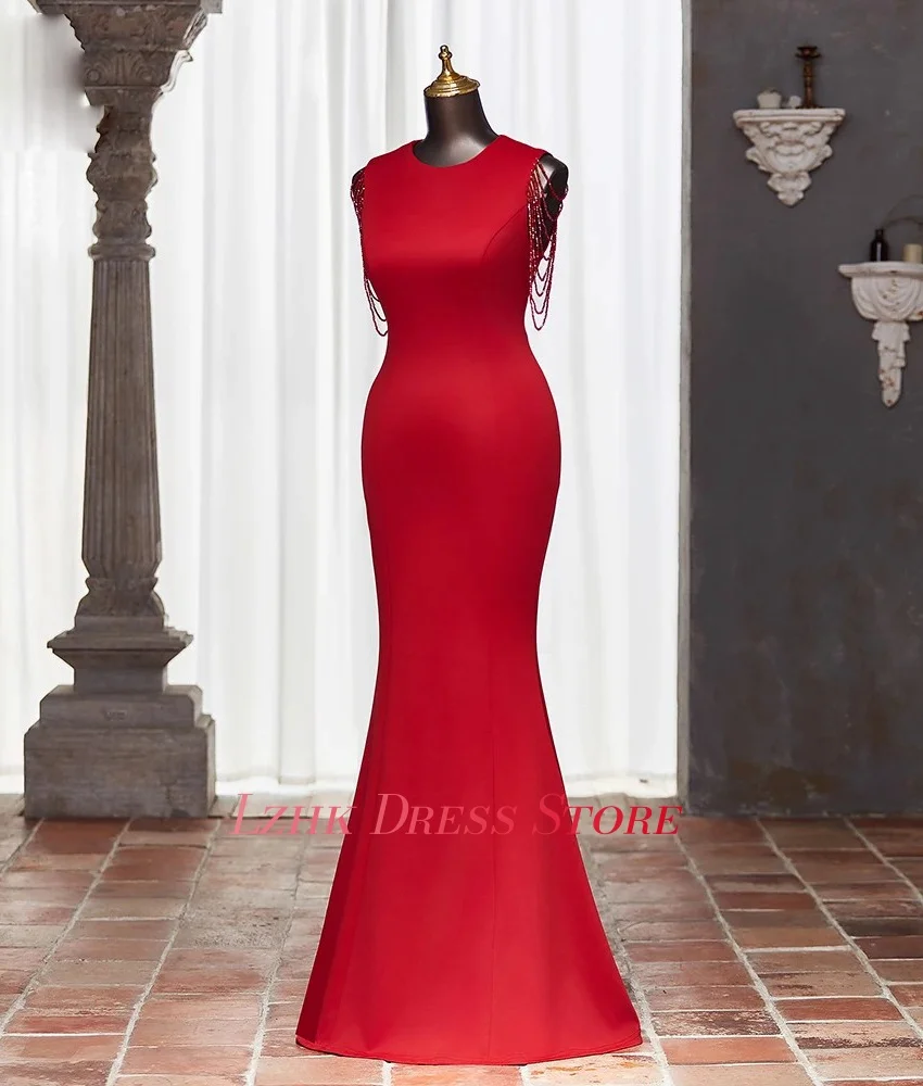 Robe de soirée sirène en Satin, personnalisée, gracieuse, perles, tempérament, sans manches, col rond, longueur au sol