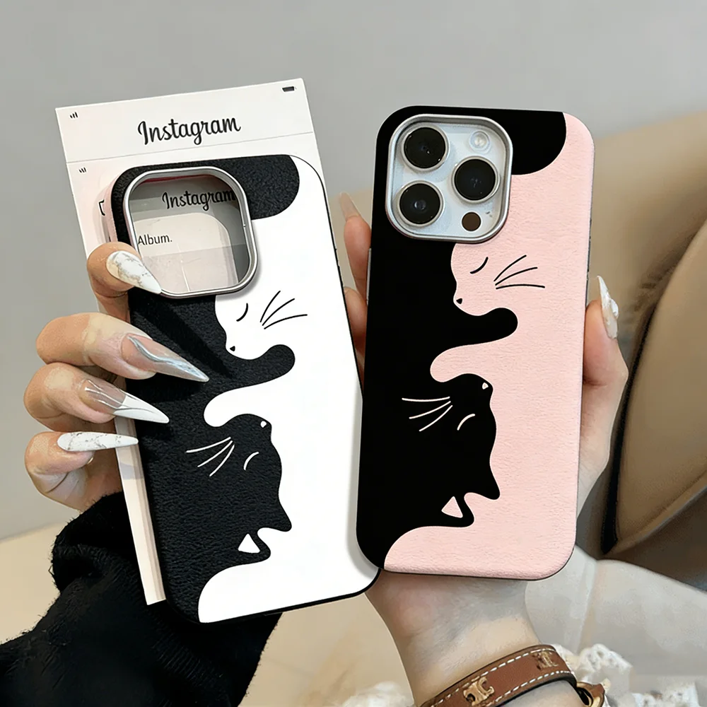

Cute Cat Shadow Couple Paired Phone Case For iPhone 17 16 15 Pro Max Plus 14 Pro 13 12 11 7 8 SE 16E XR XS Cases Anti Fall Coque