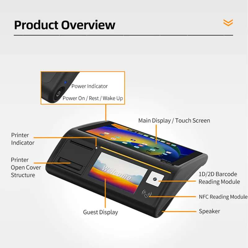 Mesin Kasir Layar Sentuh 10.1 inci untuk Restoran Supermarket dengan Pemindai WIFI Bluetooth dan Printer Struk Termal 58mm Terintegrasi