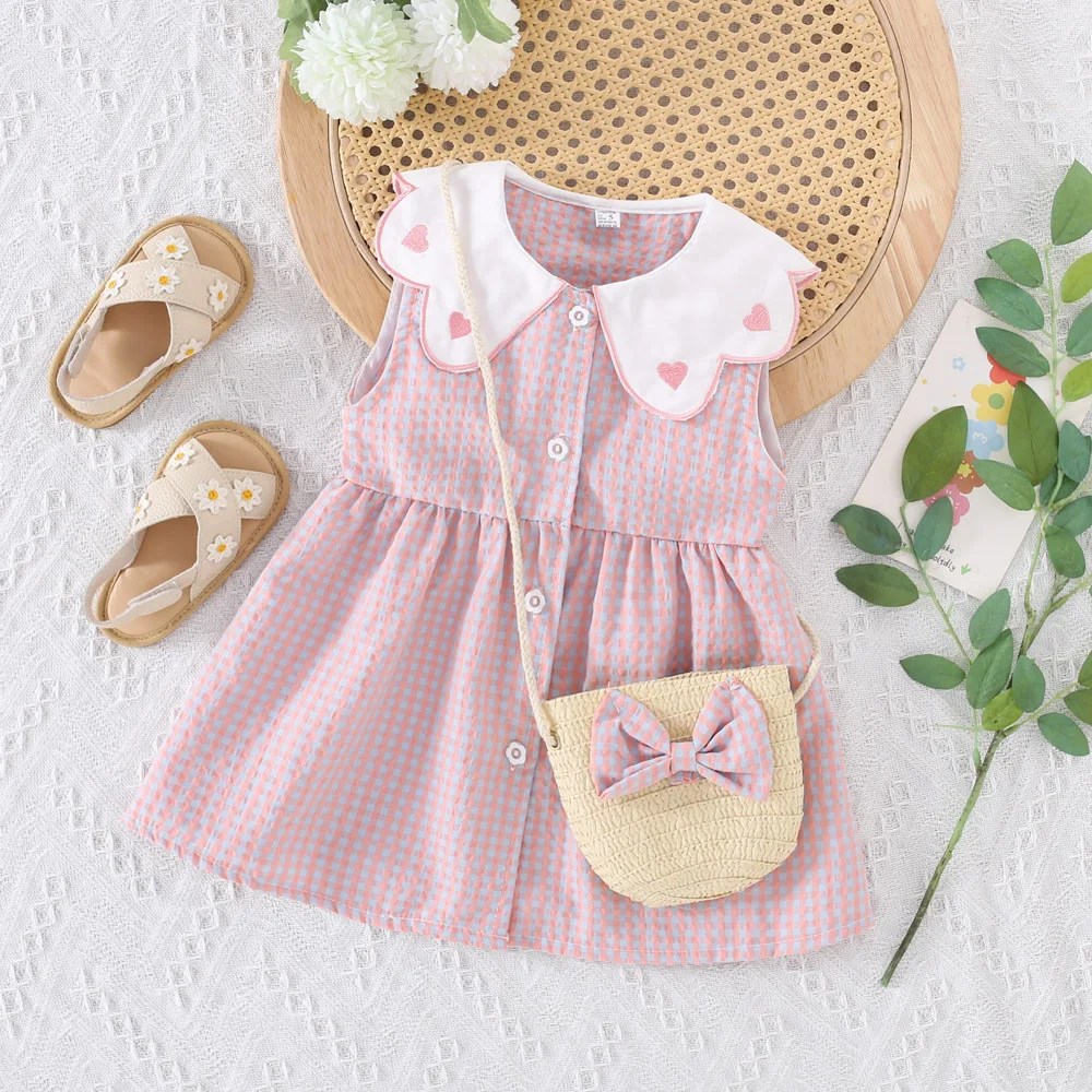 Summer Girls Dress With Heart-Shaped Checkered Print Girls Dress With Bow And Crossbody Bag Dress (0-3 Years Old)