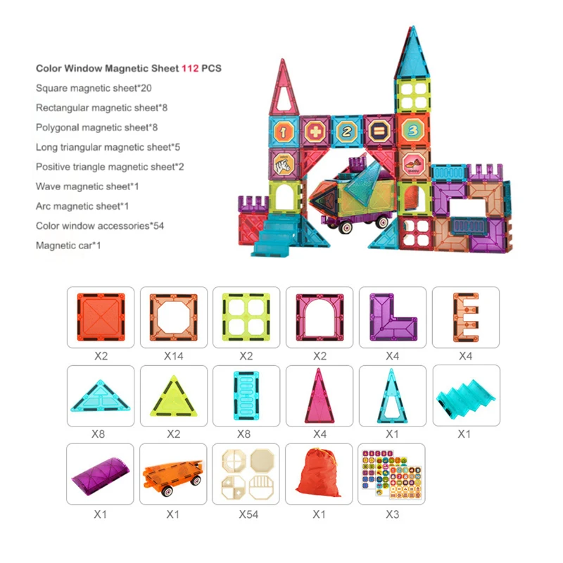 112 pezzi di grandi dimensioni magnete di design magnetico blocchi di costruzione accessori costruttore educativo castello fatto a mano giocattoli per bambini