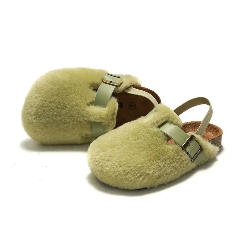 Neue Winter kinder Kork Plüsch Hausschuhe Baby Jungen Mädchen Oberbekleidung Wildleder Kaninchen Plüsch Hausschuhe Warme Sandalen Kinder Baumwolle Sandalen