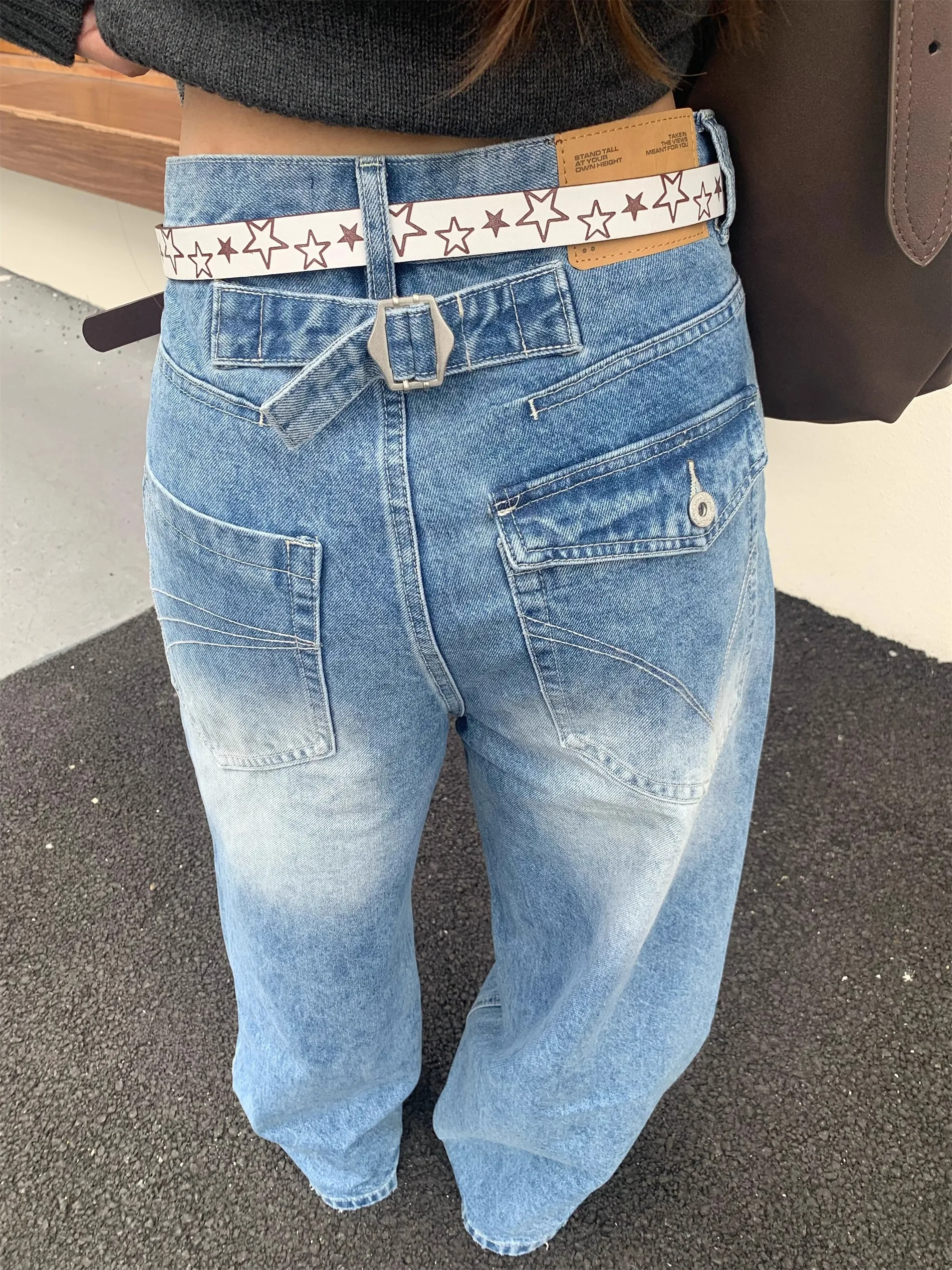 

Retro American Washed Paris Button Simple Loose Women's Jeans Light Blue Drape Versatile Straight Leg Pants Casual Pure Color